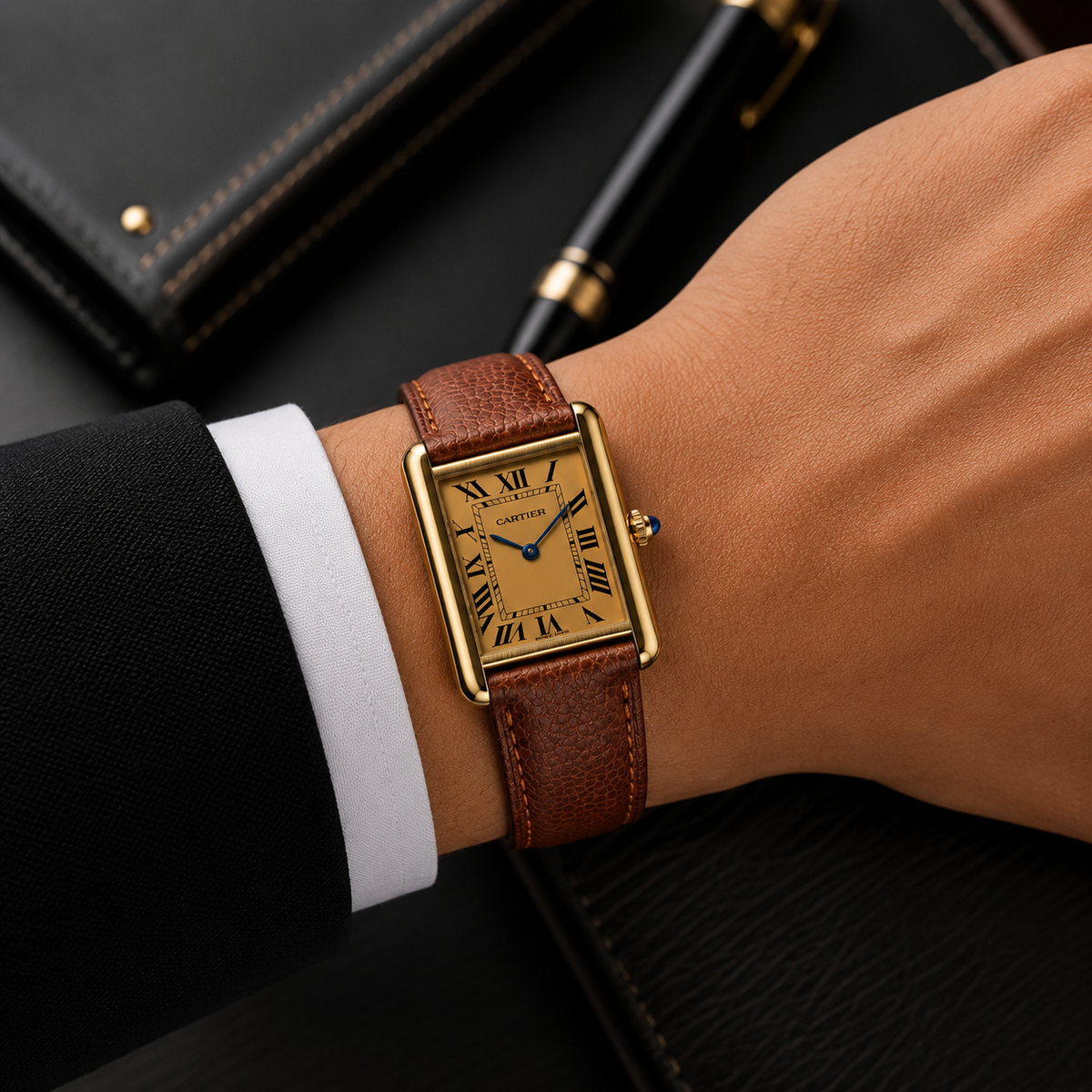 Cartier Tank Champagne Gold Dial Brown Leather Strap Luxury Watch